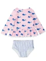Zestaw UV koszulka i majteczki - Ruffle Butts - Pink Whale Friends Scallop Hem