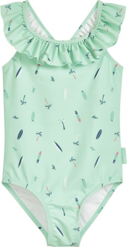 Jednoczęściowy kostium kąpielowy UV - Playshoes - Deska surfingowa, palmy - Mint
