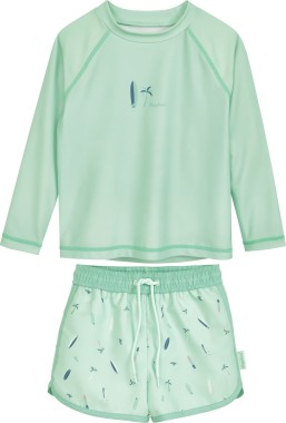 Strój UV dla dzieci – Deska surfingowa i palma, koszulka długi rękaw i spodenki UPF 50+ mint – Playshoes